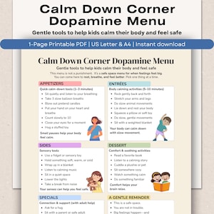 以下が含まれることがあります： 子供向けの穏やかなツールをリストアップした「Calm Down Corner Dopamine Menu」の印刷可能なPDF。ドキュメントはAppetizers、Entrées、Sides、Dessert、Specialsというセクションに分かれており、子供のイラストが描かれています。