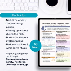 May include: A tablet displays "Somatic Tools for Sleep & Nighttime Anxiety." Text on the screen details methods for relaxation and sleep. A keyboard and phone are in the background. The text "Perfect for" and "Try Now!" are also visible.