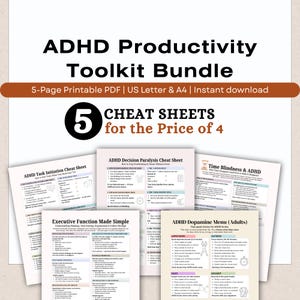 Peut inclure: Bundle d'outils de productivité TDAH, PDF imprimable avec 5 feuilles de triche. Comprend des guides sur l'initiation des tâches, la paralysie décisionnelle, la cécité temporelle, la fonction exécutive et un menu dopamine.