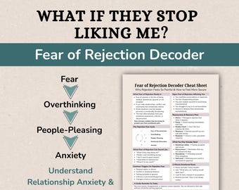 May include: A teal and white graphic with the text "WHAT IF THEY STOP LIKING ME? Fear of Rejection Decoder." Below, a diagram shows the progression from Fear to Anxiety. A cheat sheet on the right details rejection and anxiety.