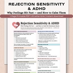 May include: A printable PDF document titled "Rejection Sensitivity & ADHD" with information on managing emotional reactions. The document includes text, bullet points, and a graphic of a heart with a brain. It is designed to help calm the emotional alarm.