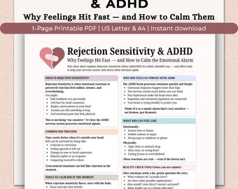 Rejection Sensitivity & ADHD Cheat Sheet, RSD Explained, Emotional Regulation Tools, ADHD Self-Help Printable
