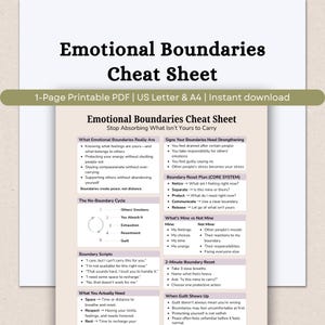 May include: A printable PDF titled "Emotional Boundaries Cheat Sheet" with text on emotional well-being. The document includes sections on recognizing boundaries, boundary scripts, and a 2-minute reset. The document is available for instant download.
