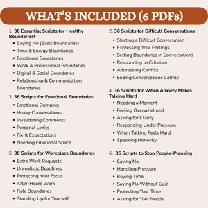 K&ouml;nnte beinhalten: Ein digitales Produktlisting mit dem Titel "Was ist enthalten (6 PDFs)" mit Skripten f&uuml;r gesunde Grenzen, schwierige Gespr&auml;che, emotionale Grenzen, Angstzust&auml;nde, Arbeitsplatzgrenzen und das Stoppen von Gef&auml;lligkeit. Der Text ist in einer serifenlosen Schrift auf beigem Hintergrund.