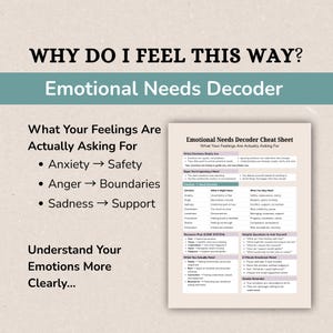 May include: A white and teal graphic with the text "WHY DO I FEEL THIS WAY? Emotional Needs Decoder." The graphic lists emotions and their corresponding needs, such as anxiety for safety. A cheat sheet is also included.