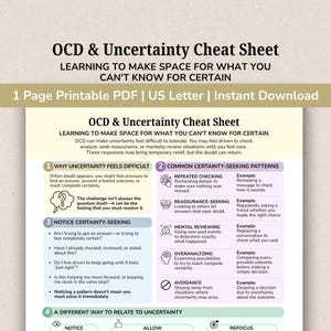 May include: A one-page printable PDF cheat sheet titled OCD & Uncertainty Cheat Sheet: Learning to Make Space for What You Can't Know for Certain. The document features numbered sections, icons, and text explaining certainty-seeking patterns.
