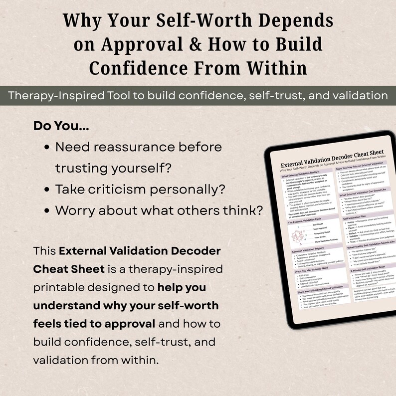 Pode incluir: Um tablet digital exibe uma folha de dicas intitulada External Validation Decoder Cheat Sheet com o t&iacute;tulo Why Your Self-Worth Depends on Approval & How to Build Confidence From Within. O documento inclui se&ccedil;&otilde;es sobre ciclos de valida&ccedil;&atilde;o e planos.