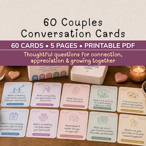 Peut inclure: Un jeu de 60 cartes de conversation pour couples avec du texte et des icônes en ligne. Les cartes sont classées par catégories comme Everyday Connection et Love & Appreciation. Le texte indique 60 Couples Conversation Cards, 60 Cards, 5 Pages, Printable PDF.