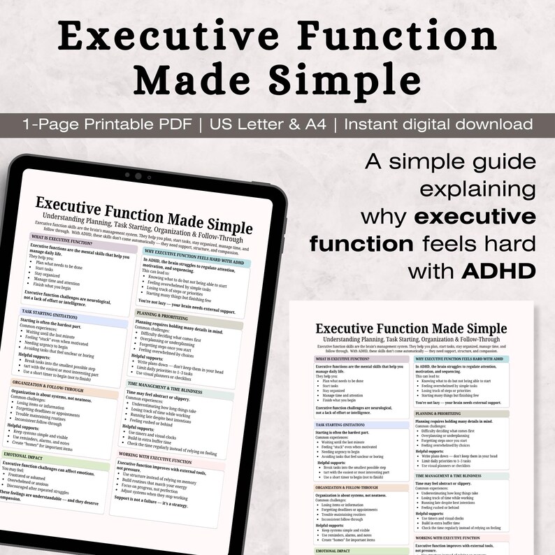 May include: A digital download titled "Executive Function Made Simple" with a black tablet displaying the document. The document explains executive function and why it's difficult with ADHD. The text is in black and white.