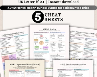 5 ADHD Mental Health Cheat Sheet Bundle, Anxiety, Burnout Recovery, Boundaries & Dopamine Menu (pdf)