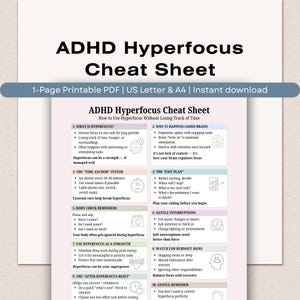 May include: ADHD Hyperfocus Cheat Sheet, a printable PDF with tips on managing hyperfocus. The sheet includes sections on understanding hyperfocus, time management, and recognizing burnout signs. The document is designed for US Letter and A4 sizes.