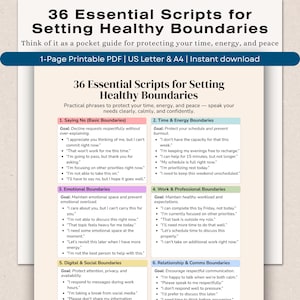 May include: A digital download titled "36 Essential Scripts for Setting Healthy Boundaries." The guide offers phrases for protecting time, energy, and peace. The document is a 1-page PDF, available in US Letter and A4 sizes. The cover is white with black text.