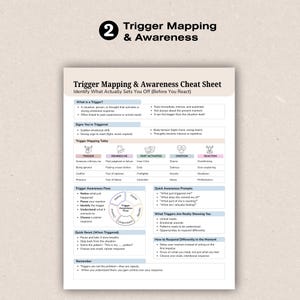 May include: A white and beige cheat sheet titled "Trigger Mapping & Awareness" with text and diagrams. The sheet provides information on identifying triggers, understanding reactions, and managing responses. The top of the sheet has the number "2".