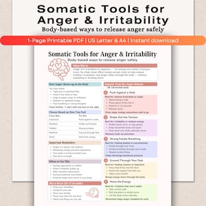 May include: A printable PDF titled "Somatic Tools for Anger & Irritability" with body-based ways to release anger safely. The guide includes tips on recognising anger, choosing a response, and a micro reset. The document is designed for instant download.