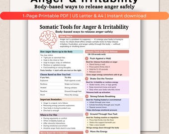 Somatic Tools for Anger & Irritability, Healthy Anger Release Printable, Nervous System Regulation Cheat Sheet