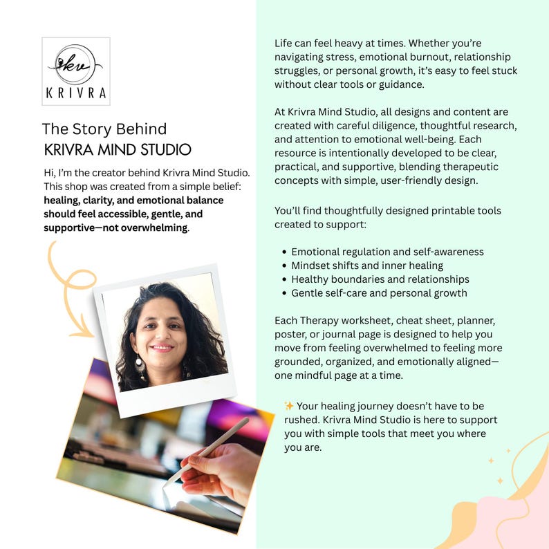 May include: An informational graphic for Krivra Mind Studio featuring a logo, a portrait of the creator, and text describing therapeutic printable tools for emotional regulation, self-awareness, mindset shifts, healthy boundaries, and personal growth.
