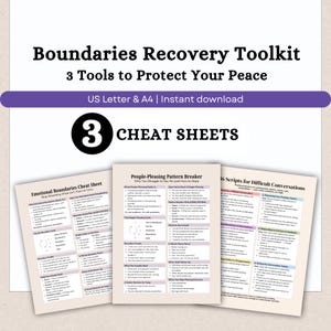 Könnte beinhalten: Ein digitales Dokument mit dem Titel Boundaries Recovery Toolkit mit 3 Spickzetteln. Die Seiten enthalten Emotional Boundaries Cheat Sheet, People-Pleasing Pattern Breaker und 6 Scripts for Difficult Conversations mit schwarzem Text auf hellem Grund.