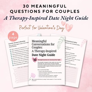 Op de afbeelding: Een afdrukbare date night guide voor koppels, met 30 zinvolle vragen om gesprekken aan te moedigen. De gids is ontworpen om emotionele verbinding te bevorderen. De cover luidt "Meaningful Conversations for Couples: A Therapy-Inspired Date Night Guide."