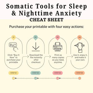 May include: A printable cheat sheet titled "Somatic Tools for Sleep & Nighttime Anxiety." The infographic details four steps: buy, download, print, and use. The design features a cream background with black text and colorful icons.
