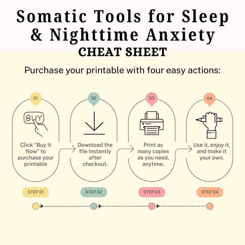 May include: A printable cheat sheet titled "Somatic Tools for Sleep & Nighttime Anxiety." The infographic details four steps: buy, download, print, and use. The design features a cream background with black text and colorful icons.