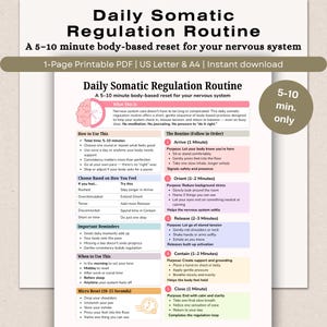 Könnte beinhalten: Ein druckbarer PDF-Leitfaden mit dem Titel "Daily Somatic Regulation Routine" mit Anweisungen für ein 5-10-minütiges körperbasiertes Reset. Der Leitfaden enthält Abschnitte zur Verwendung, zum Inhalt und eine zu befolgende Routine. Der Text ist in Schwarzweiß.
