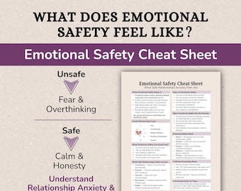 May include: A purple and white infographic titled "What Does Emotional Safety Feel Like?" with the text "Emotional Safety Cheat Sheet." The infographic includes sections on unsafe and safe relationship dynamics, with bullet points and a diagram.
