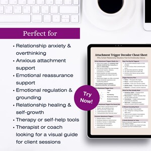 May include: A digital tablet displays an "Attachment Trigger Decoder Cheat Sheet" with text about relationship triggers and emotional intensity. A keyboard and a purple circle with "Try Now!" are also visible.