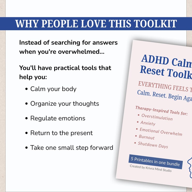 ADHD Calm & Reset Toolkit Bundle, Anxiety, Overwhelm, Nervous System Regulation Printable (5 PDFs) image 4