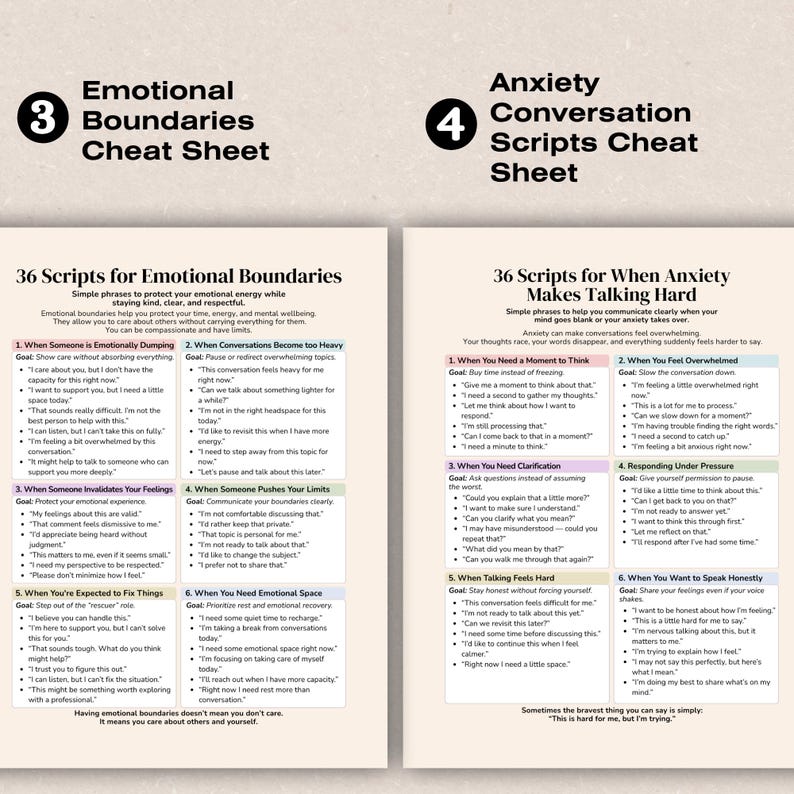 K&ouml;nnte beinhalten: Zwei Informationsbl&auml;tter mit Text, eines mit dem Titel "Emotional Boundaries Cheat Sheet" und das andere "Anxiety Conversation Scripts Cheat Sheet". Die Bl&auml;tter bieten Skripte zur Bew&auml;ltigung von Emotionen und Angst in Gespr&auml;chen.