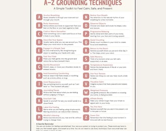A–Z Grounding Techniques Printable, Anxiety Coping Skills, Mindfulness Therapy Worksheet for Trauma Healing