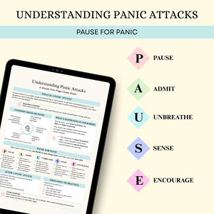 May include: A digital tablet displays a guide titled "Understanding Panic Attacks." The guide includes sections on common signs, body responses, and a "PAUSE FOR PANIC" strategy. Colorful diamond shapes spell out P-A-U-S-E.