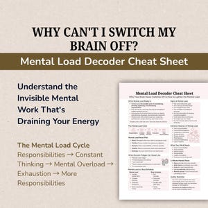 May include: A Mental Load Decoder Cheat Sheet document featuring the title Why Can't I Switch My Brain Off? and sections detailing the mental load cycle, signs of mental load, common sources, a mental load reset plan, and decision fatigue.