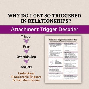 May include: An educational graphic with the text "Why Do I Get So Triggered in Relationships?" and "Attachment Trigger Decoder." The graphic includes a diagram of the trigger cycle: Trigger, Fear, Overthinking, and Anxiety. A cheat sheet is also included.
