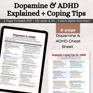 May include: A digital download featuring a 2-page guide on Dopamine & ADHD, with explanations and coping tips. The guide includes information on motivation, focus, and energy, and is available in US Letter and A4 sizes.