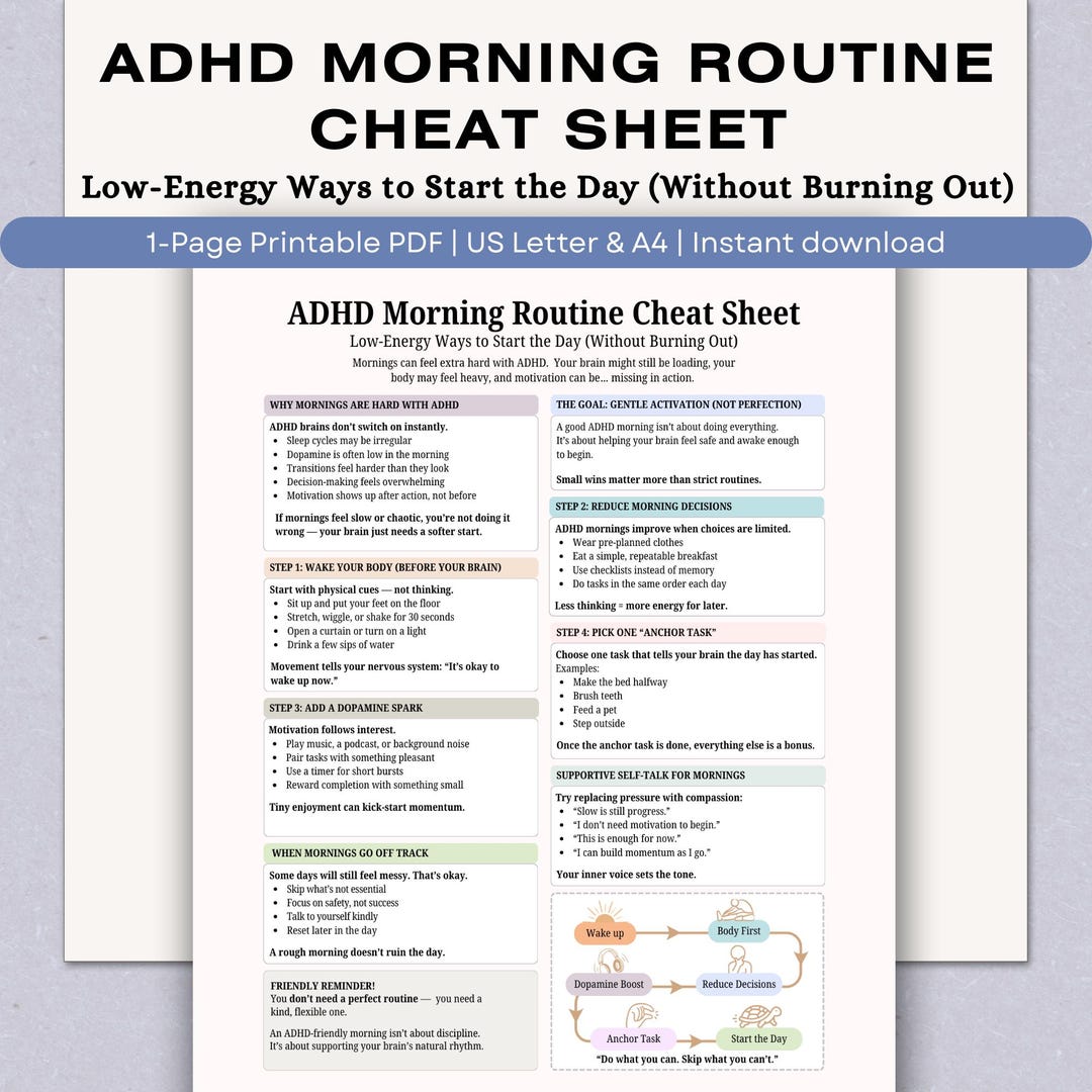 ADHD Morning Routine Cheat Sheet, Low-energy Support (printable PDF) - Etsy