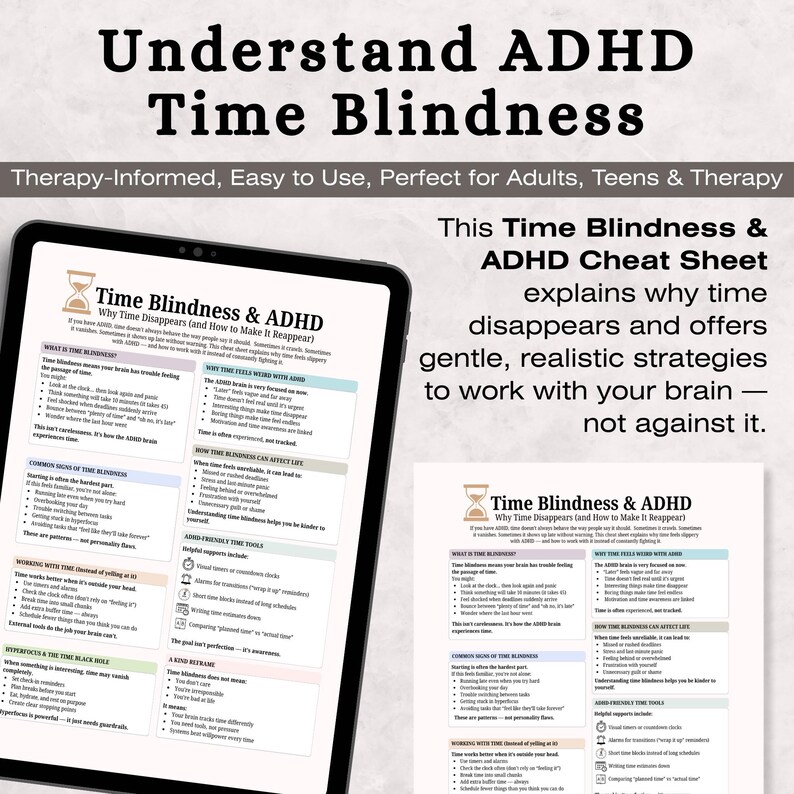 May include: A digital tablet and a printed document both displaying a Time Blindness and ADHD cheat sheet. The document features an hourglass icon, bulleted lists, and sections explaining time perception, common signs, and strategies.