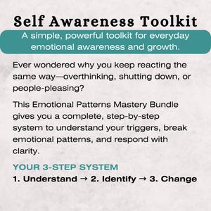 May include: An image with the words "Self Awareness Toolkit" and a description of a toolkit for emotional awareness and growth. It details a 3-step system: Understand, Identify, and Change. The text is on a light background.