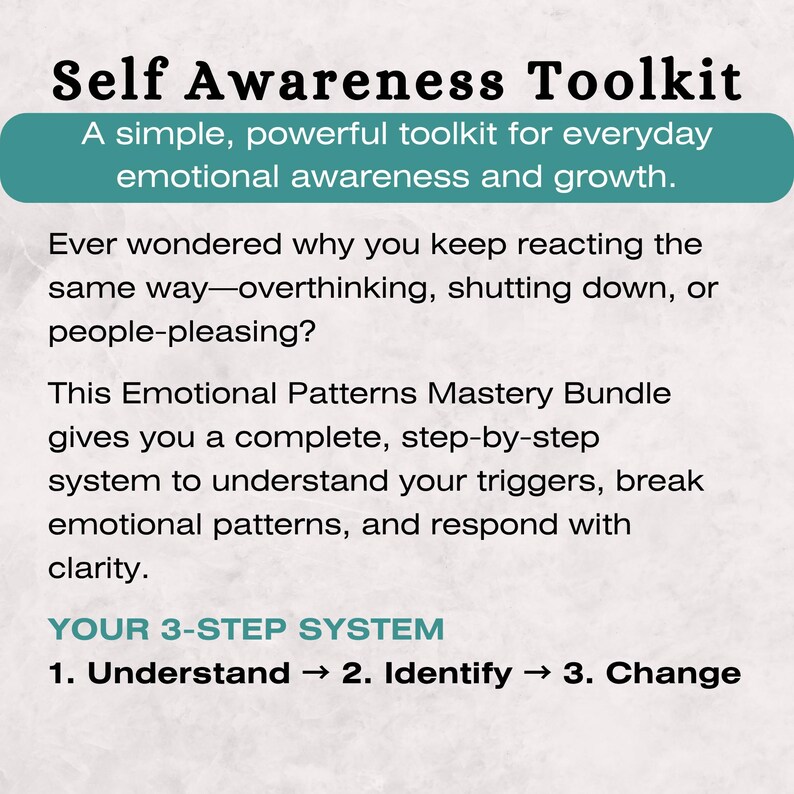 May include: An image with the words "Self Awareness Toolkit" and a description of a toolkit for emotional awareness and growth. It details a 3-step system: Understand, Identify, and Change. The text is on a light background.