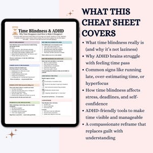 May include: A digital tablet displays a cheat sheet titled "Time Blindness & ADHD." The sheet covers topics like time perception, ADHD, and tools for time management. The background is a soft pink with text in black and white.