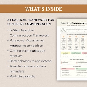 May include: A digital document titled WHAT'S INSIDE A PRACTICAL FRAMEWORK FOR CONFIDENT COMMUNICATION. It lists a 5-step assertive communication framework, comparisons of passive, assertive, and aggressive styles, common mistakes, and phrases.