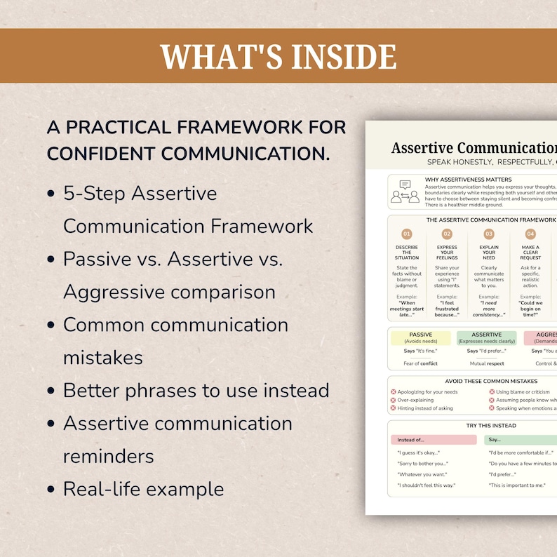 May include: A digital document titled WHAT'S INSIDE A PRACTICAL FRAMEWORK FOR CONFIDENT COMMUNICATION. It lists a 5-step assertive communication framework, comparisons of passive, assertive, and aggressive styles, common mistakes, and phrases.