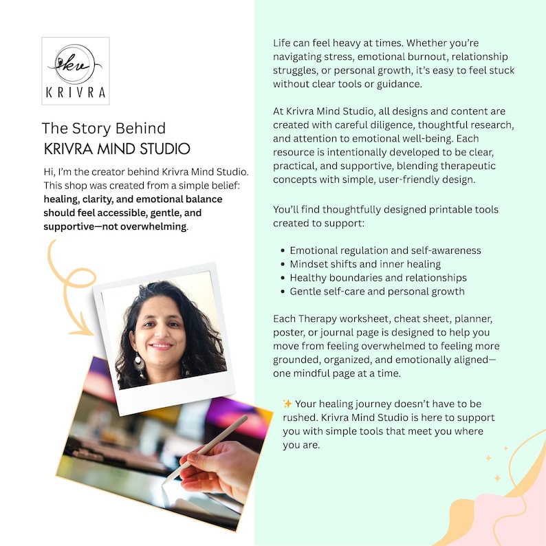 May include: Promotional image for Krivra Mind Studio, with the logo and text detailing the shop's focus on providing tools for emotional well-being. The image includes a photo of the creator and a list of support areas such as emotional regulation and self-awareness.