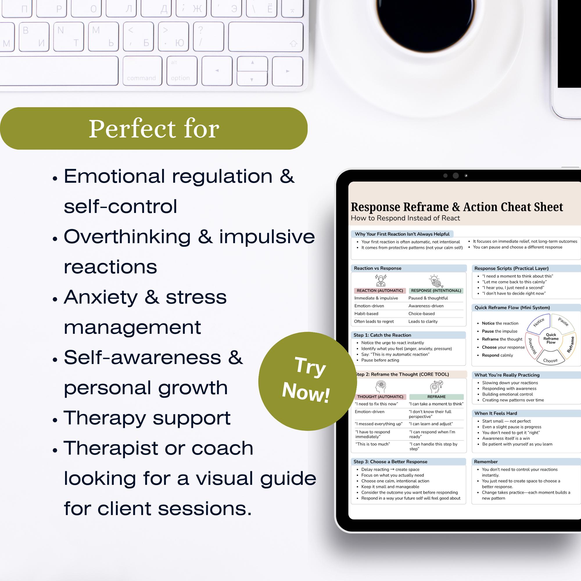 Response Reframe Action Cheat Sheet, Emotional Regulation Tool (PDF ...