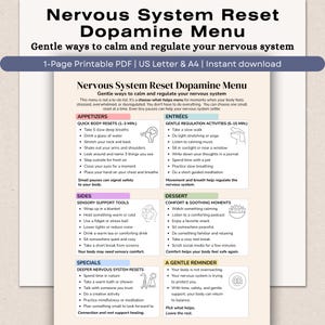 Può includere: Un PDF stampabile intitolato "Nervous System Reset Dopamine Menu" con modi delicati per calmare e regolare il tuo sistema nervoso. Il menu include antipasti, portate principali, contorni, speciali, dessert e un dolce promemoria. Disponibile nei formati US Letter e A4.