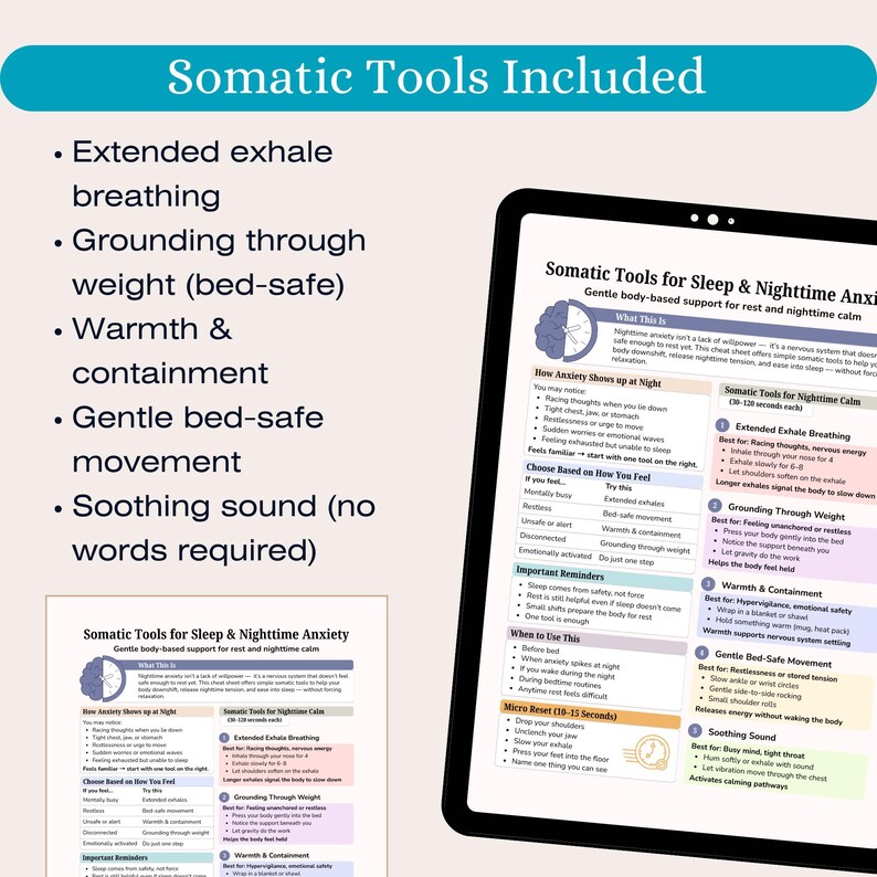 May include: A digital tablet displays "Somatic Tools for Sleep & Nighttime Anxiety." The screen lists techniques for relaxation, including extended exhale breathing, grounding through weight, warmth, and gentle movement. The tablet is on a white surface.