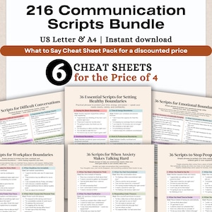 K&ouml;nnte beinhalten: Ein Bundle mit Kommunikationsskripten, darunter 216 Skripte und Spickzettel. Das Bild zeigt den Text "216 Communication Scripts Bundle" und "6 Cheat Sheets for the Price of 4."