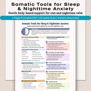 May include: A printable PDF titled "Somatic Tools for Sleep & Nighttime Anxiety." The teal banner text reads "Gentle body-based support for rest and nighttime calm." The document provides tips for managing anxiety and promoting relaxation.