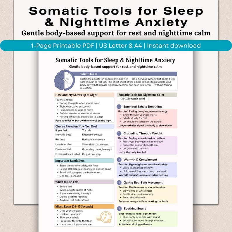 May include: A printable PDF titled "Somatic Tools for Sleep & Nighttime Anxiety." The teal banner text reads "Gentle body-based support for rest and nighttime calm." The document provides tips for managing anxiety and promoting relaxation.