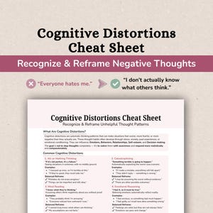 May include: A cheat sheet titled "Cognitive Distortions" with the subtitle "Recognize & Reframe Negative Thoughts." The sheet lists common cognitive distortions like "All-or-Nothing Thinking" and "Catastrophizing," with examples and reframes. The text includes the phrases "Everyone hates me" and "I don't actually know what others think."
