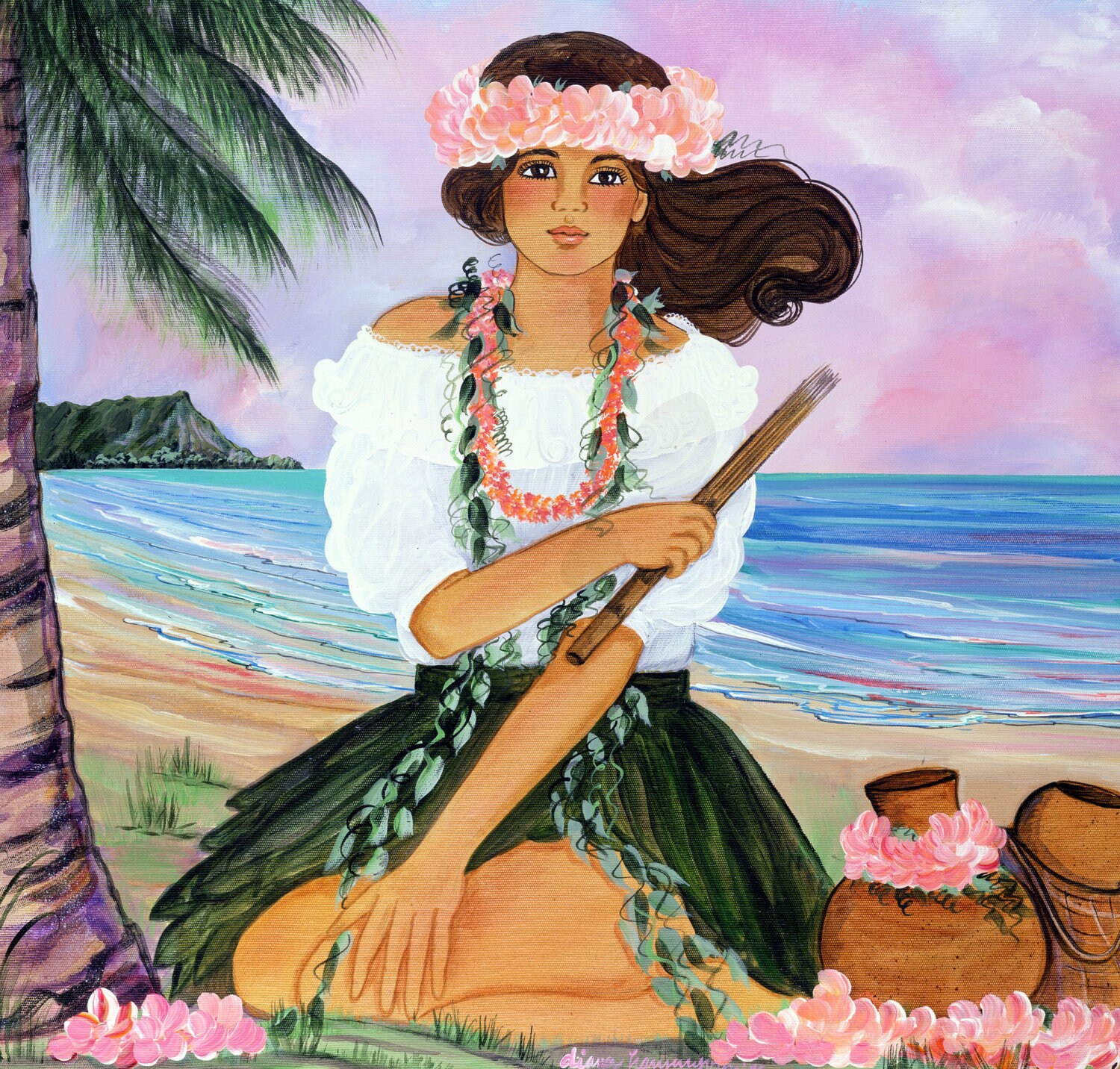 ハワイ　アート　絵画　アンティーク　Diana Hansen young Diana Hansen Young Nuuana Pond Hawaii Portrait Art Signed